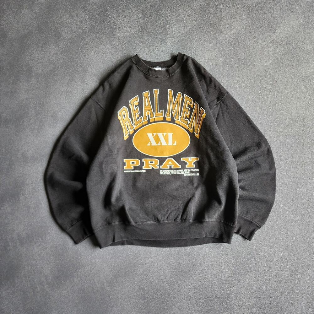 Vintage Real Men Pray Jesus Religion Black Sweatshirt XL